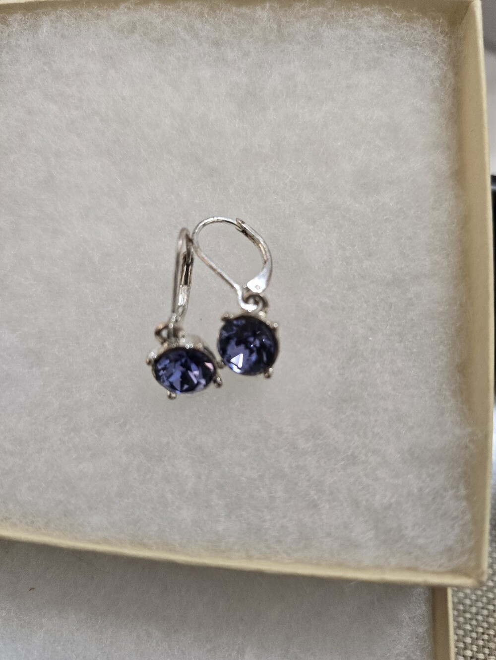 Vintage Silver Toned Leverback Earrings with Deep Violet Crystals